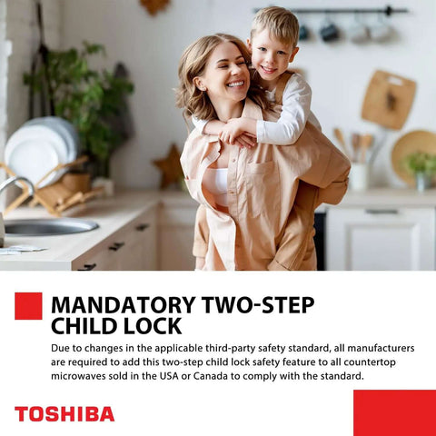 Mother and child in kitchen, showcasing the Compact Space Saver 0.9 Cu Ft Microwave Oven, highlighting two-step child lock safety feature