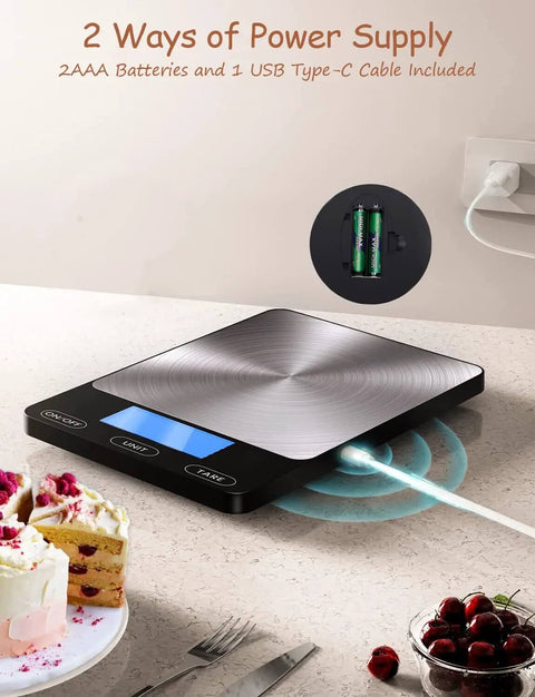 Ultra Precise 33Lb Digital Kitchen Scale With Ounces And Grams, Rechargeable 304 Stainless Steel Platform, USB-C Charging, beside desserts.