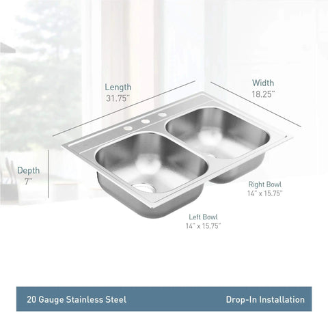 2000 Series 33 Inch 20 Gauge Drop In Double Bowl Stainless Steel Kitchen Sink With Quick Mount And Three Holes For Easy Installation