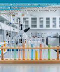 Durable Beech Wood Test Tube Rack Holds 12 Tubes Up To 22mm Diameter For Lab Or Home Science Use with glass tubes displayed in a lab.