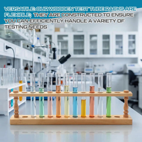 Durable Beech Wood Test Tube Rack Holds 12 Tubes Up To 22mm Diameter For Lab Or Home Science Use with glass tubes displayed in a lab.
