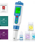 Top Tier Slick Digital Water Tester Meter With Huge Lcd Screen For Hydrogen Ph Orp Tds Ec Plus Salt Testing showing buffer powders and testing solutions.