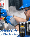 Electrician using tools, wearing gloves, with 20oz Electrician Tumbler Gift For Men Hilarious On Site Gear in the foreground.