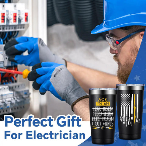 Electrician using tools, wearing gloves, with 20oz Electrician Tumbler Gift For Men Hilarious On Site Gear in the foreground.