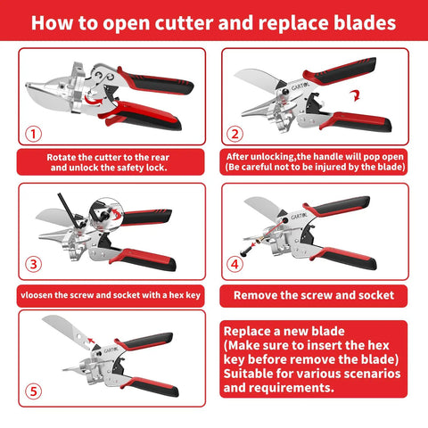 Step-by-step instructions for using Adjustable Ratchet Miter Shears For Precise Multi Angle Cutting Of Quarter Round Shoe Molding And PVC Trim