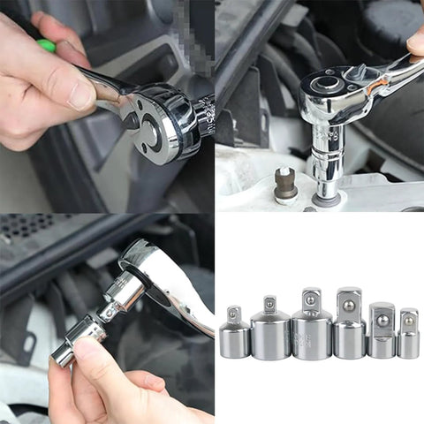 TAODAN 6-piece socket adaptor kit, chrome vanadium steel; front, side, and close-up views of 1/4/3/8/1/2 in drives