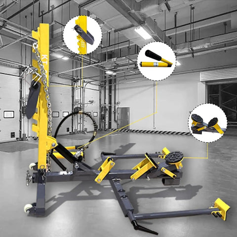 5 Ton Hydraulic Auto Body Dent Puller Kit With Pneumatic Sheet Metal Straightener And Portable Repair Stand For Easy One Person Panel Repair And Serrated Chain Clamps For Secure Dent Removal Pro Grade, yellow steel stand