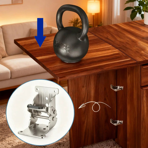 Rock Solid Workhorse Folding Brackets 0 To 180 Degrees Self Locking Hinges Heavy Duty Rustproof Steel Bracket With Screws on wooden table.