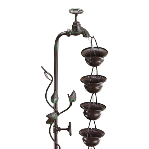 Outdoor Floor Tiered Vintage Water Fountain With 6 Hanging Cups And Soothing Tier Waterfall For Patio Or Garden, 38 Inch Bronze Decor