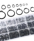 Badass Heavy Duty External Shaft Retaining Ring Assortment Kit With Premium Black Carbon Steel Circlips in multiple sizes.