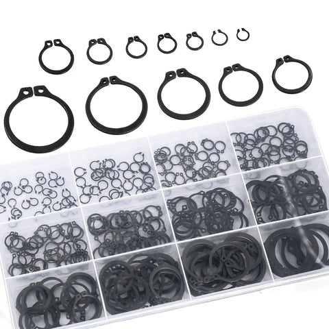 Badass Heavy Duty External Shaft Retaining Ring Assortment Kit With Premium Black Carbon Steel Circlips in multiple sizes.