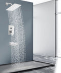 Slick Polished Chrome Tub And Shower Faucet Set With 8 Inch Rain Shower Head And Waterfall Tub Spout in modern bathroom