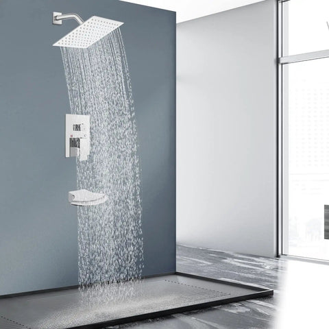 Slick Polished Chrome Tub And Shower Faucet Set With 8 Inch Rain Shower Head And Waterfall Tub Spout in modern bathroom