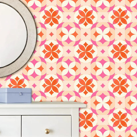 Badass Geometric Retro Floral Peel And Stick Wallpaper Roll Residue Free Self Adhesive Wall Covering, 17.7x118 inch print.