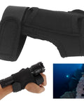 Wrist Flashlight Holster For Diving And Underwater Exploration With Durable Nylon Construction And Tight Stitching, shown fitted on arm