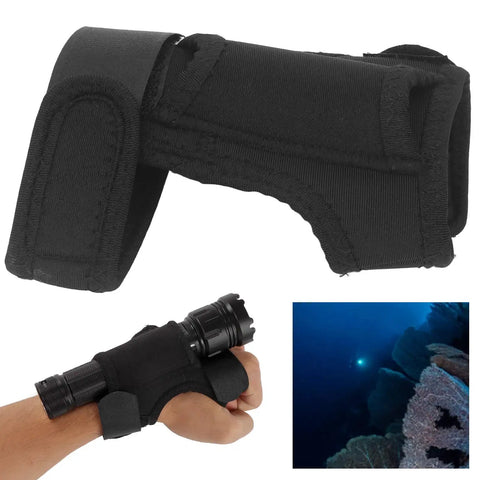Wrist Flashlight Holster For Diving And Underwater Exploration With Durable Nylon Construction And Tight Stitching, shown fitted on arm