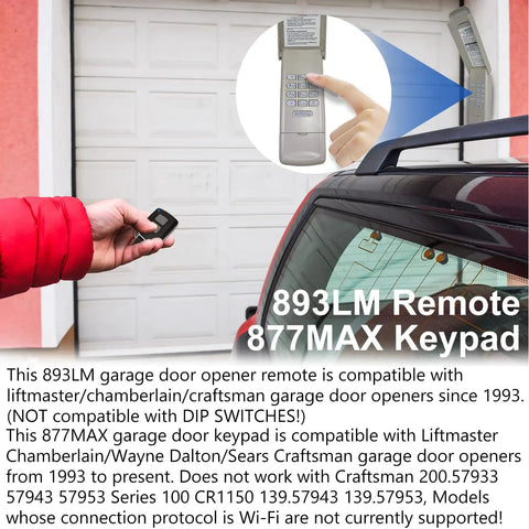 Universal All In One Garage Door Opener Keypad And Remote For Old School LiftMaster Craftsman Units With Learn Button Colors Yellow Purple Green Red Orange Compatible With 893MAX 877MAX 971LM 891LM 373LM 973LM installed on garage