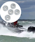 Boat in stormy sea with inset of 5 Pcs Marine Round Zinc Anodes For Suzuki Outboard 4 Stroke Motors, Anti Rust Engine Protection