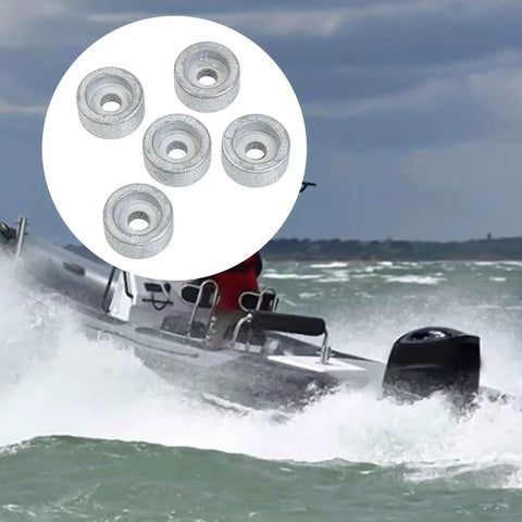 Boat in stormy sea with inset of 5 Pcs Marine Round Zinc Anodes For Suzuki Outboard 4 Stroke Motors, Anti Rust Engine Protection