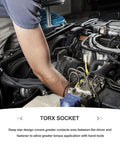 Mechanic using 34 Piece External Steel Socket Set With Storage Case for automotive torque and repair applications.
