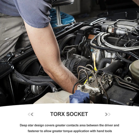 Mechanic using 34 Piece External Steel Socket Set With Storage Case for automotive torque and repair applications.
