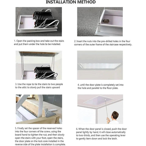 Electric Pull Down Attic Ladder With One Touch Remote Control Retractable Folding Ceiling Stair installation steps and parts layout.