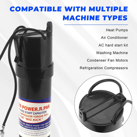 Hard Start Capacitor Kit With 500 Percent Torque Boost For HVAC Systems, black cylindrical component, wire connections visible