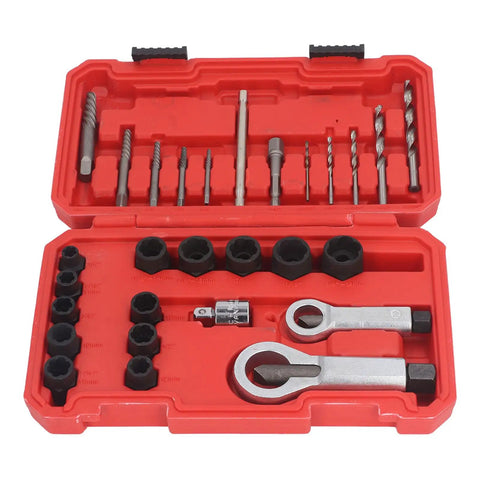 FTVOGUE 28Pc Cr Molybdenum Screw Extractor Kit With Hammer Drill Bits Removes Broken Bolts And Rusty Nuts Fast For Home Garage Auto Repair Pros. red case with extractor bits, sockets, and adapters