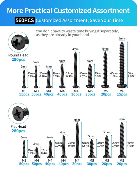 Diagram of Stainless Steel Self Tapping Wood Screws Kit 560 Piece Assortment With Flat Head And Round Head M3 M4 M5 M6 Phillips Drive Zinc Plated Black Finish