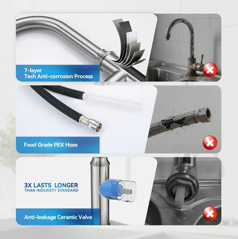 Illustration showing features of Top Shelf High Arc Pull Down Kitchen Faucet Delivering Three Quick Adjust Spray Patterns In Rust Resistant Brushed Nickel.