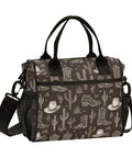 Desert Western Cowgirl Style Insulated Lunch Bag With Adjustable Shoulder Strap Reusable Cooler, 12L, cactus cowgirl pattern, side view.