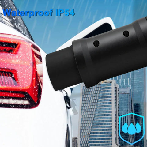 Heavy Duty Plug And Play Nacs To Gbt Ev Charging Adapter 48a Ac Slow Charge Weather Tough, close-up of adapter on car charging port.