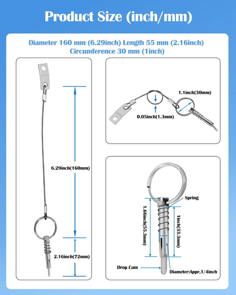 One Quarter Inch Diameter Quick Release Pins For Bimini Tops In 316 Stainless Steel With Ring Set dimensions and features