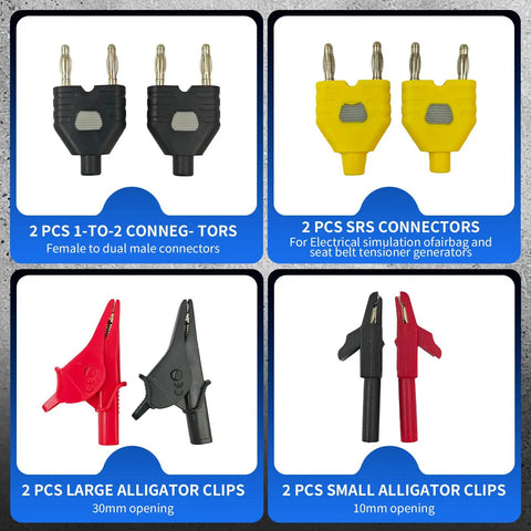 Pro Grade 76 Piece Automotive Test Lead Kit For Multimeters And Electrical Troubleshooting With Back Probe Clips, Alligator Clips, Banana Plug Adapters, Puncture Probes, Acicular Probes, And Carry Case connectors and alligator clips display.