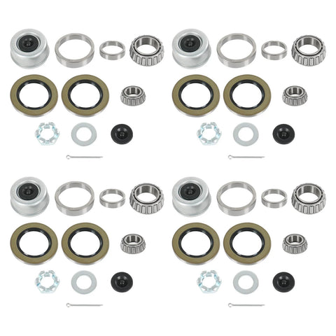 Four sets of 8000 lb trailer axle bearing kit; outer bearings 1.25 in, inner bearings 1.75 in, double lip grease seals for D42 spindle.
