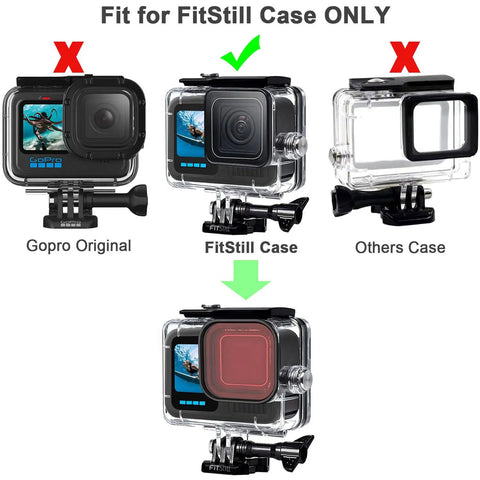 Comparison of GoPro Hero case compatibility featuring FitStill case for 60M Underwater Waterproof Case for GoPro Hero 13 12 11 10 9 Black