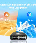 Industrial Hardened 14 Port PoE Plus Switch in desert and snow environments showing temperature range -40°C to +80°C with aluminum housing.