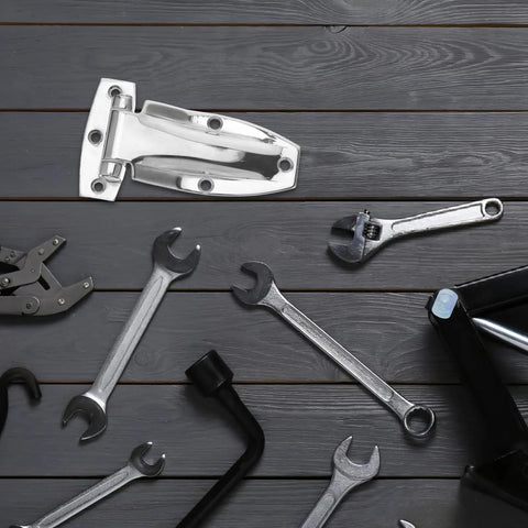 Beefy Heavy Duty Stainless Steel Hinges For Box Trucks Rear Doors And Cargo Containers with tools on wood surface