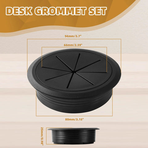 Two Piece Desk Grommet Set In Black ABS Plastic For Cable Management, 3.15 Inch (80 mm) Hole Cover, product dimensions illustration