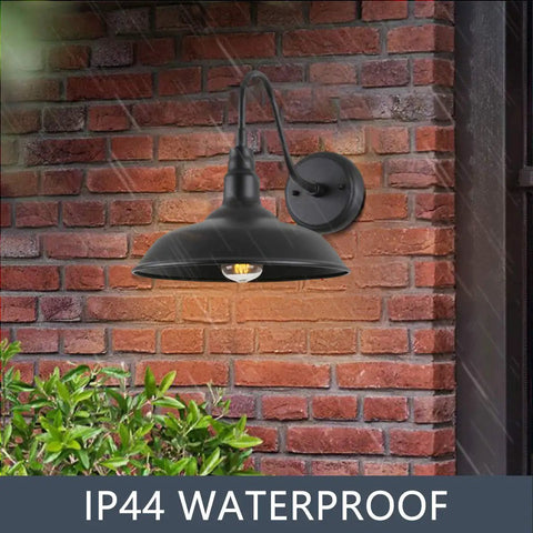 Gooseneck Barn Lights 10 Inch Black Exterior Wall Mount Sconce Set 4 Pack on brick wall, IP44 waterproof, farmhouse style.