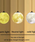 Resin Moon Pendant Lamp With Plug In Adjustable Cord 3D Printed Hanging Ceiling Light Fixture For Home Office Bar Cafe E26 Socket Vintage Style Lighting With Included Bulb 60W Max Cool Retro Vibe in warm, neutral, and cold light settings.
