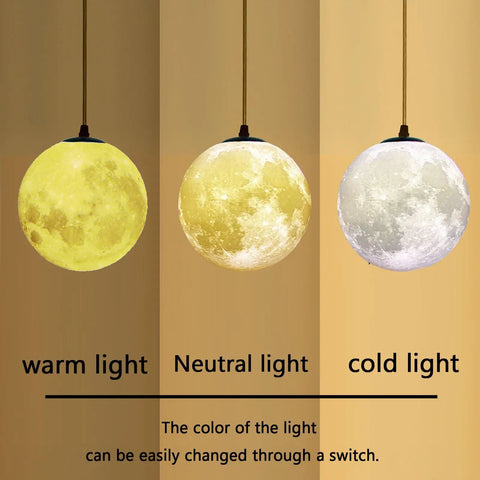 Resin Moon Pendant Lamp With Plug In Adjustable Cord 3D Printed Hanging Ceiling Light Fixture For Home Office Bar Cafe E26 Socket Vintage Style Lighting With Included Bulb 60W Max Cool Retro Vibe in warm, neutral, and cold light settings.