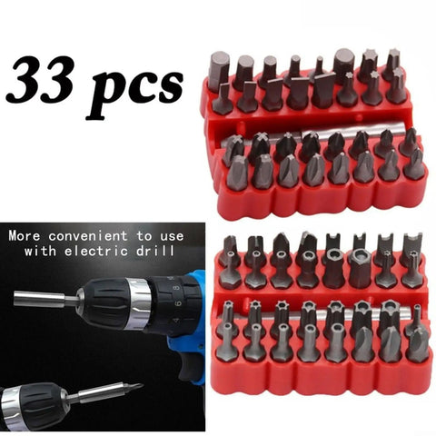 Top Notch 33 Piece Screwdriver Bit Set With Magnetic Extension Holder And Quick Release Driver Tools Made From Tough Chrome Vanadium Steel To Handle Tamper Star Torx Hex Socket Jobs For Serious Home Repairs And DIY Projects Without Losing Any Grit Or 33-piece bit set in red holder for electric drill