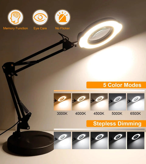 10X Magnifying Glass With Light And Stand, 2 In 1 Real Glass Lens Desk Lamp, showing adjustable stand and five color mode lights.