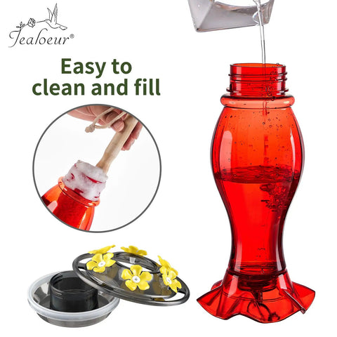 Outdoor Hummingbird Feeder 18 Oz With 6 Bee Guard Ports Built In Ant Moat Easy To Clean Durable Unbreakable Material showing cleaning process