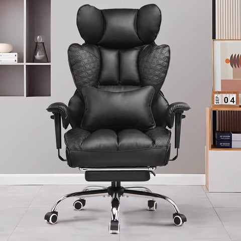 Big And Tall Gaming Chair With Retractable Footrest And Pocket Spring Lumbar Support And Heavy Duty 400 Pound Capacity Office Seat in black leather with plush cushioning.