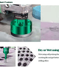 Green diamond core drill bit installed on a drill; 3/16" (5mm) diameter with 5/8-11 thread