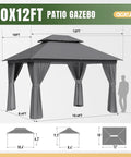 Heavy Duty Outdoor Gazebo for Patio 10x12 with Double Roofs and Metal Frame Mosquito Netting and Privacy Screen dimensions