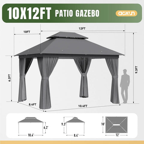 Heavy Duty Outdoor Gazebo for Patio 10x12 with Double Roofs and Metal Frame Mosquito Netting and Privacy Screen dimensions