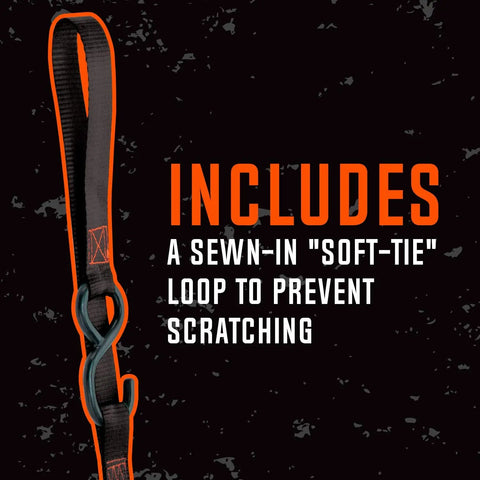 Orange 10 Foot Tactical Ratchet Tie Down Straps Two Pack With 1000 Pound Safe Working Load, soft-tie loop for scratch prevention